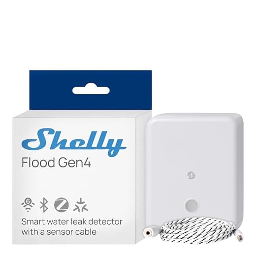 Shelly Flood Gen4 - Sensore Intelligente per Allagamenti con Cavo Sensore di Perdite, Wi-Fi & Matter, IP44, Tre Modalità di Allarme, Flood & Rilevamento Pioggia, Alexa, Google Home, HomeKit e Zigbee