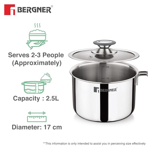 Image of Bergner Argent Triply Stainless Steel 17cm (2.5L) Milk Boiler with Glass Lid, Steam Vent, Flared Rim, Stay Cool Cast Handle with Silicone Grip, Even and Faster Heating, Easy to Clean, Induction Bottom