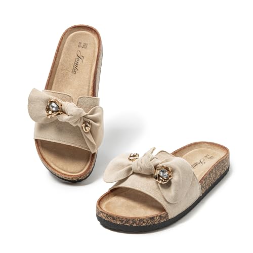 JOMIX Clogs Damen Pantoletten Sommer Sandalen mit Strass Fliege Strand Sandaletten Bequem Kork Strandsandalen Sommerschuhe (Beige 38EU WCF250256)