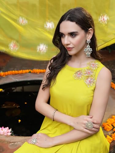 Image of Stylum Women's Solid & Embellished Rayon Flared Kurta Palazzo Dupatta Set