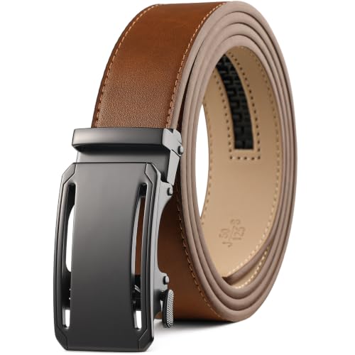 Image of Drowsmen Leather ratchet belt 1 3 /8 inch with Click Sliding Automatic Buckle, Adjustable belt Trim to Fit