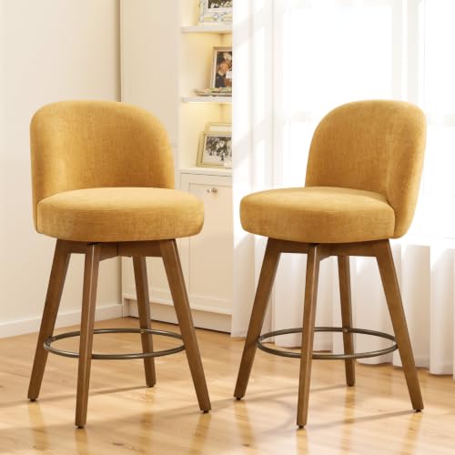 WOOW DEPOT Set of 2 Swivel Bar Stools for Kitchen Island 26 Counter Height - Padded Counter Stools with Backs and Round Seat Upholstered Barstools with Walnut Wooden Legs Fabric in Yellow