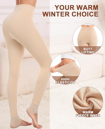 Image of QooNoo Fleece Lined Tights Women 200g Pantyhose Opaque Black Sheer Thermal Winter Warm Stirrup Leggings Under Dress(Stirrup Nude,Medium)