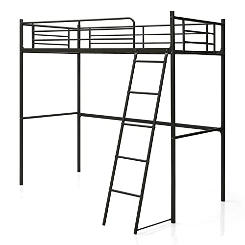 COSTWAY Metal Bunk Bed, Loft Bed Frame with Integrated Ladder & Safety Guardrail, Home Bedroom Apartment Dormitory Space-Saving Single High Sleeper Beds for Kids, Teens and Adults (Black)