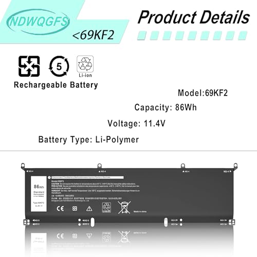 Image of 69KF2 86Wh Battery Replacement for Dell XPS 15 9510 9500 9520 Precision 5550 5560 5570 G15 5511 5520 Alienware M15 M17 R3 R4 | 11.4V 6-Cell Replacement