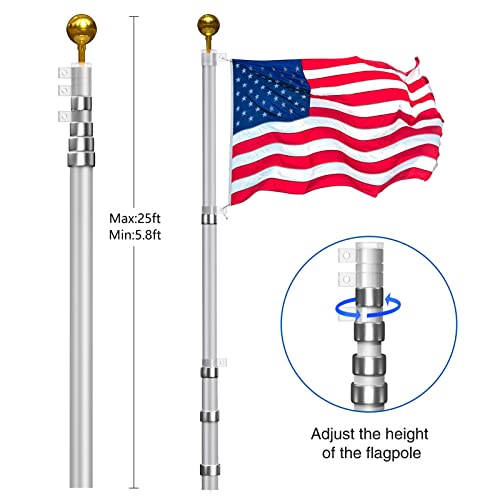 Wphold 25Ft Telescopic Flag Pole Kit, Extra Thick Telescoping Flag Poles, Silver Heavy Duty Flag Poles For Outside House Inground With 3X5 American Flag, Flagpole For Yard, Residential #TOP3