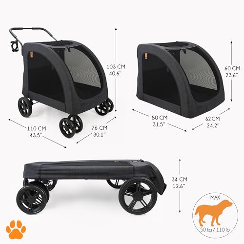 MY DUQUE – Chester Hundebuggy – Haustierwagen für große Hunde, Katzenbuggy, geräumiger und komfortabler Trolley, faltbar, inkl. Regenschutz und Flaschenhalter, max. Belastung 50 kg