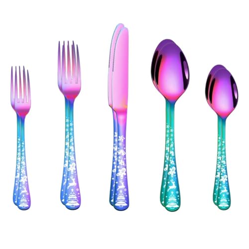 Image of Cutlery Stainless Steel Flatware Set for Dining Table, Flatware Include Knive - Forks - Spoons, Cutlery for Dining Table Luxury, Kitchen Utensils Dishwasher Safe (10 Pieces, Color : Rainbow)
