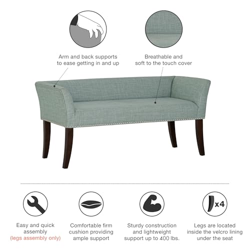 Image of Madison Park Accent Bench for Living Room, Upholstered with Nailhead Trim, & Padded Seat Entryway Bench Small, End of Bed Bench with Back, 49.5 inch W x 19.25 inch D x 23 inch H, Light Blue