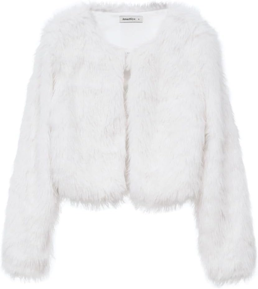 Amazhiyu Women's Faux Fur Cropped Coat Pockets Long Sleeve Open Front Winter Jacket - Image 2