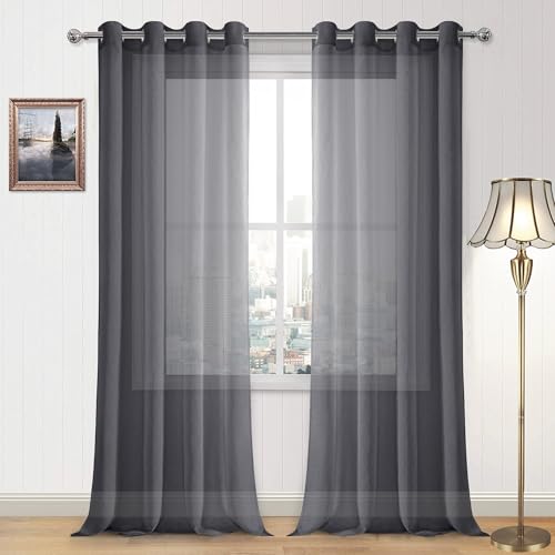 DWCN Dark Grey Sheer Curtains for Living Room Bedroom - Faux Linen Look Voile Drapes Grommet Top Window Curtain Panel 52 x 90 Inches Long, Set of 2 Panels