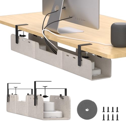 Image of No-Drill Under Standing Desk Cable Management,31.5 inch L,Beige | Upgraded 0.25 inch Heavy-Duty Felt Cable Organizer,Desk Wire Management Tray with Clamp or Screw Mount, for Home Or Office