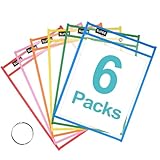 SUNEE 6 Packs Oversized Reusable Dry Erase Pocket Sleeves with Binder Ring, 6 Assorted Colors 10x14 Ticket Holders, Clear Plastic Sheet Protectors, Teacher School Classroom Supplies