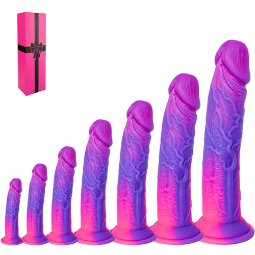 7-Piece Realistic Soft Silicone Dildo Set (5 6 7 8 9 10 12) Fantasy Suction Cup Dildo Anal Plug Training Set Small Big Dildos Strap-On Sex Toys for Women Men Beginners to Advanced Users