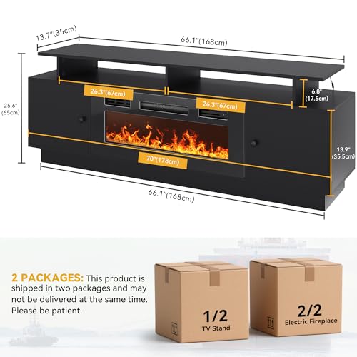 DWVO Fireplace TV Stand with 36" Electric Fireplace, Entertainment Center with LED Lights, Modern TV Cabinets for 65/75 Inch TVs for Living Room, Black