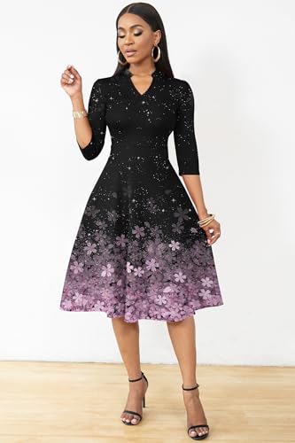 Image of Nmoder Casual Dresses for Women Semi Formal Fit and Flare 3 /4 Sleeve A-line Church Work Dress with Pockets
