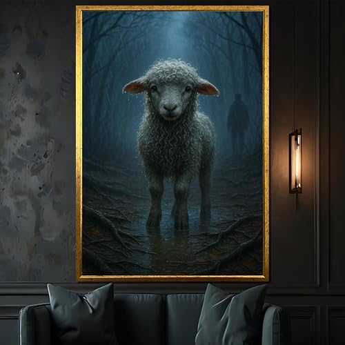 Tableau sur toile agneau déco murale forêt sombre peinture animal surréalisme 50x75 cm