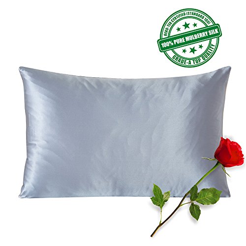 SilkSlip 100% Pure Mulberry Silk Pillowcase with Hidden Zipper for Hair and Skin, 19 Momme 400 Thread Count Hypoallergenic with Cotton Underside, Queen/Standard Size, Light Blue