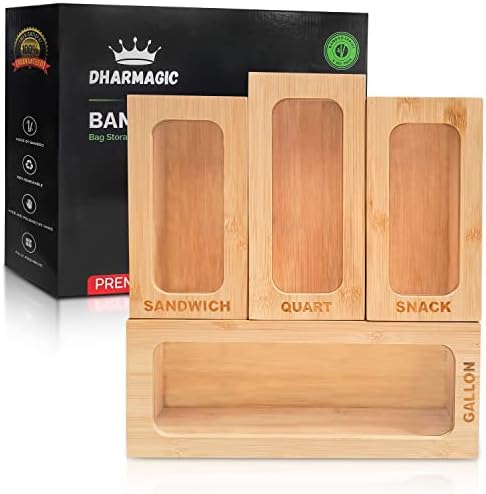 Dharmagic Kitchen Organization and Storage for Drawer Wood Kitchen Food Baggie Dispenser Box Plastic Bag Holder Compatible with Gallon, Quart, Sandwich & Snack Bags from Most Brands Ziplock - Set of 4