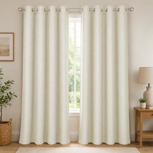 Image of LINENWALAS 100% Blackout Curtains for Door (7.5 Feet) - Set of 2 Panels, Herringbone Linen Texture Complete Light Block, Thermal Insulated & Noise Reducing Room Darkening Drapes (Pearl White)