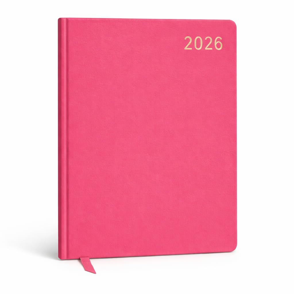 Top Sale A5 Daily Planner 2026 Day Per Page Diary UK – Hardback Organiser with 2025-2027 Calendars, UK Bank Holidays, Expenses Pages & Ribbon Bookmark – Deep Pink