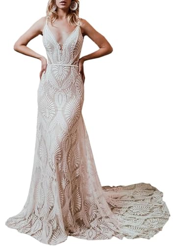 Damen Brautkleider Boho für Braut mit langen Ärmeln Übergröße Spitze Strand Brautkleider Böhmische Hochzeitskleider, Elfenbein1, 38
