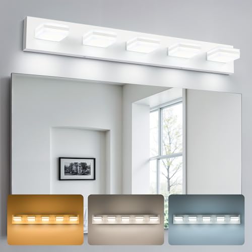 Image of VONLUCE Bathroom Vanity Light Fixture, 5-Light Modern LED Vanity Light, 3CCT Adjustable Bathroom Lights with Memory Function Rotatable Shades, 34 inch Wall Lighting Fixture Over Mirror, Matte White