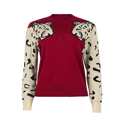 Image of JUNBOON Women's Casual Leopard Print Knitted Pullover Sweaters Long Sleeve Crew Neck Jumper Tops