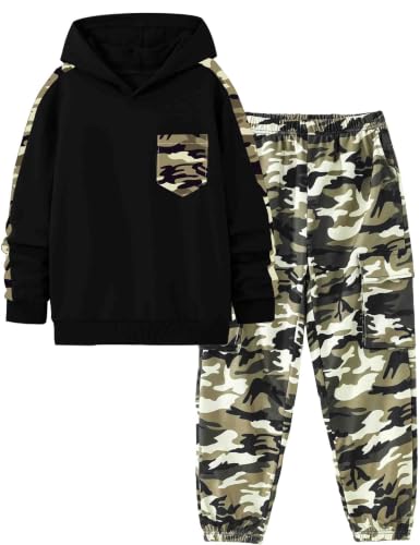 Image of mksodopy Boys Clothes Long Sleeve Hoodie and camouflage cargo pants Boy Outfits for 6-16 Years