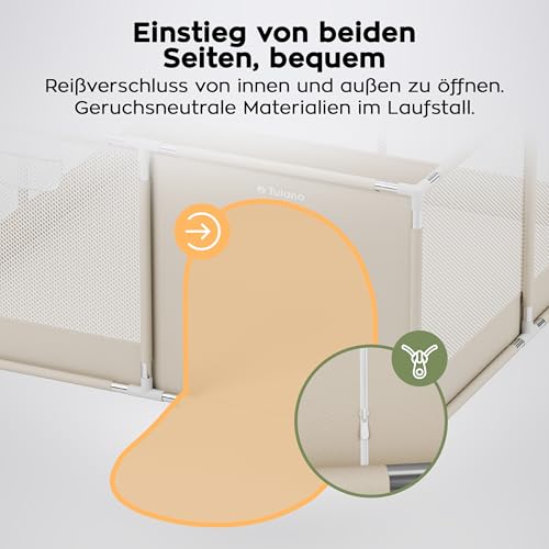 Tulano Cozy 20 Laufstall Baby 130x130 cm mit Boden – Spielgitter für Babys 6 bis 36 Monate – Tragbar Innen Außen – Faltbar – Netzwände – Metallrahmen – Kinderschutz – Reisegitter – Laufgitter – Beige