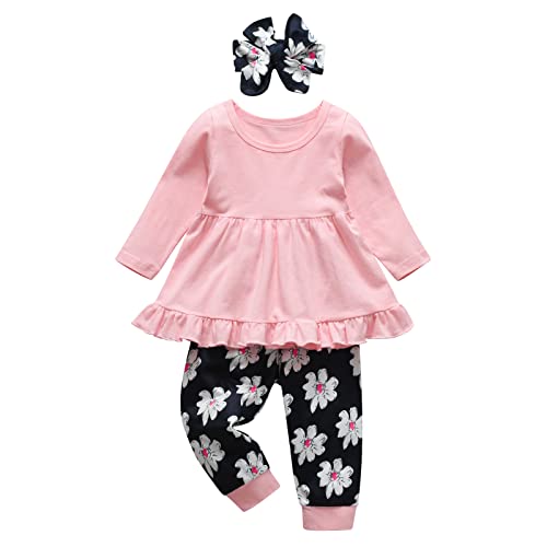 Image of Kulcerry Toddler Baby Girl Clothes Solid Color Long Sleeve Ruffle Tops Pants Headband Outfits Set