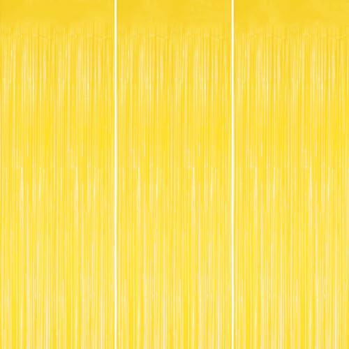 Image of DECOCKRAT 3 Pack Foil Fringe Backdrop - Pastel Yellow Shiny Tinsel Curtains for Party Decoration /Photo Booth Props - 3.3x8.2 FT Metallic Foil Backdrop for Birthday, Wedding, Graduation, Christmas.