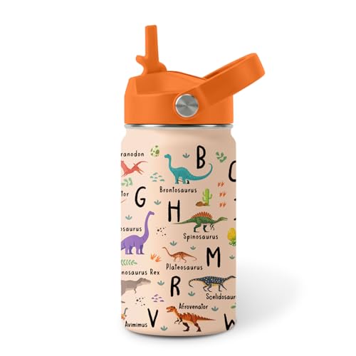 Image of Dinosaur Water Bottle for Son & Daughter, Stainless Steel Insulated Tumbler with Straw Lid and Handle, 12oz Reusable Leak-Proof Bottle for Sports