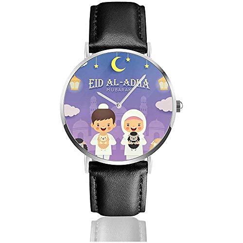 Eid Al Adha Mubarak Tarjeta de felicitación Cute Holidays Men Fashion Sports Minimalist Wristwatch Correa de Cuero Reloj