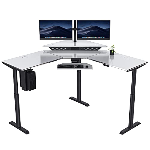 Image of VERSADESK 72 inch x 72 inch Electric L-Shaped Corner Standing Desk, Commercial Grade Height Adjustable Sit Stand Workstation, Ergonomic Computer Desk for Home Office, Black Frame, White Surface