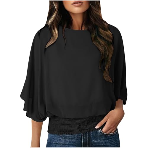 Women Elegant Chiffon Blouses Dressy Casual 3/4 Batwing Sleeve Smocked Hem Shirts Loose Crew Neck Dolman Tunic Tops Black