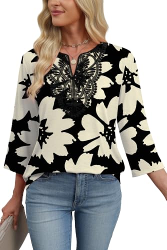 Image of WIHOLL 3 /4 Length Sleeve Womens Tops Boho V Neck Lace Shirt Trendy Blouses Dressy Casual Vacation Clothes S-3XL