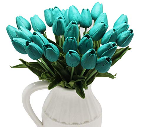 Aliersa 10-Heads Home Decoration Mini Tulip Real Touch Tulip Artificial Flowers Bouquets (Dark Teal) #TOP3