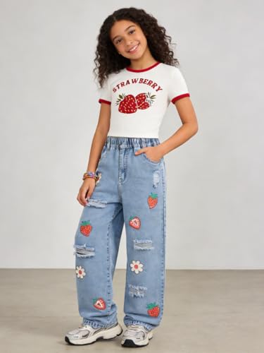 Image of Azmxynol Tween Girl Clothes Short Sleeve Top + Butterfly Design Jeans 2 Pieces Spring Summer Outfit Set, Size 6-14 Years