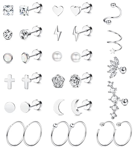 JeweBella 15 Pares Pequeños Pendientes para Mujer Acero Quirurgico Piercing Hélice Cartílago Hipoalergénicos Pendientes Aro Plata Luna Estrella Pendientes Espalda Plana para Mujer Hombre