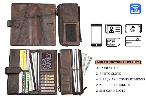 Women RFID Blocking Wallet Leather Vintage Large Capacity Credit Card Clutch Coffee 6