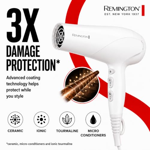 Image of Remington Damage Protection Hair Dryer, Ceramic Ionic Technology | Diffuser and Concentrator Attachments, 3 Piece Set, 1875W Power, 3 Heat and 2 Speed Settings