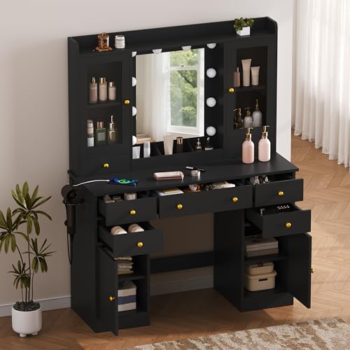 Image of HUANLEGO Black Vanity Desk with Mirror and Lights for Girls Women | Makeup Vanity Mirror with Lights, LED RGB Lights Strip, Power Outlet, 7 Drawers, 2 Storage Cabinets, 3 Color Modes Adjustable