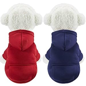 2 Pieces Winter Dog Hoodie Warm Small Dog Sweatshirts with Pocket Cotton Coat for Chihuahua Clothes Puppy Costume(S,Dark Blue, Wine Red)