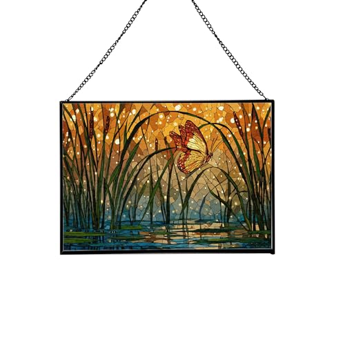 Butterfly Drifting – Pond Reeds Animal Stained Glass Suncatcher – Rectangular Hanging Window Panel with Artistic Nature Background – Wildlife Glass Art Gift for Animal and Nature Lovers 0fB2lP