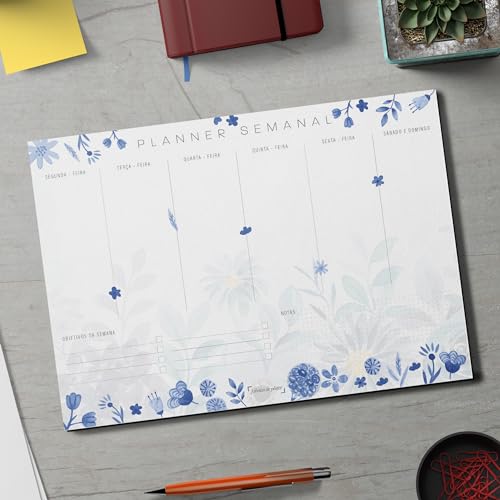 Planner Agenda Semanal Floral Azul - 50 folhas - tamanho A4