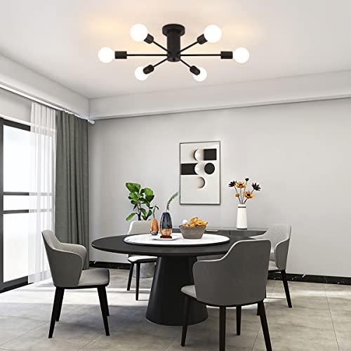 Modern Sputnik Chandelier Ceiling Light - Black Semi Flush Mount Celing Lights Fixture With 6 Lights Ceiling Lamp For Bedroom Dining Room Kitchen Office Living Room #TOP4