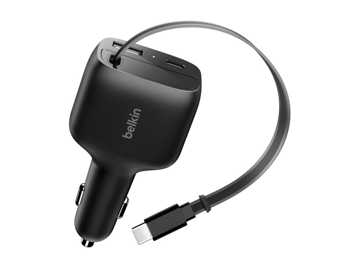 Belkin Cargador Coche Carga Rápida de 75W con Cable USB C Retráctil, Cargador Móvil Coche 3 en 1, iPhone 17 y 16 Series, Galaxy S25, AirPods, Tabletas, MacBook, Chromebook y Otros, Accesorios de Viaje