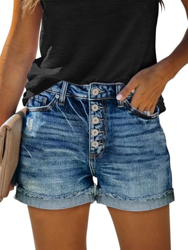 KISSMODA Denim Shorts Women Trendy Button Summer Cut Off Short Womens Jean Shorts High Waisted Denim Hot Ripped Shorts