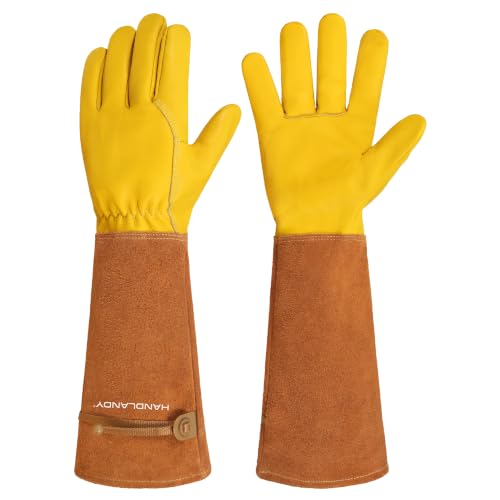 Image of HANDLANDY Rose Pruning Gloves for Men Women, Thorn Proof Gardening Gloves | Long Leather Gardening Gloves, Breathable Leather Gauntlet, Best Garden Gifts & Tools for Gardener (Rust Brown, S)
